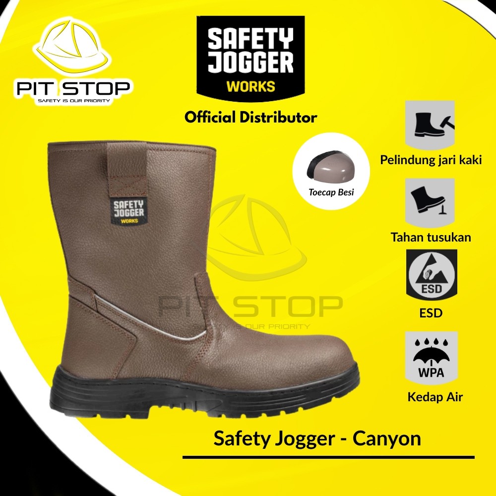 Sepatu Safety Jogger Canyon S3 Kulit Cokelat Sole Karet Steel Toe Cap Besi Proyek Safety Shoes