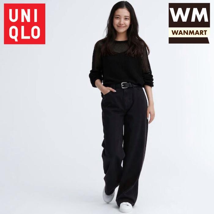 UNIQLO Women Denim Celana Panjang Jeans Baggy Wanita Low Rise DarkGray