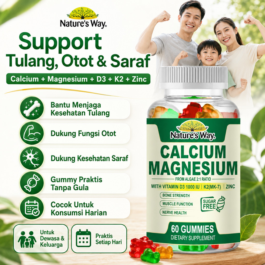 Calcium Magnesium Gummies 60 Pcs Suplemen Tulang Otot Saraf Sugar Free D3 K2 Zinc