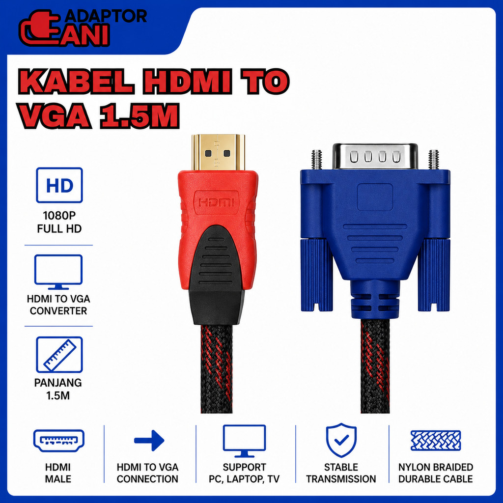 Kabel HDMI ke VGA 1.5M 3M Converter HDMI to VGA Kabel Monitor Proyektor Laptop TV