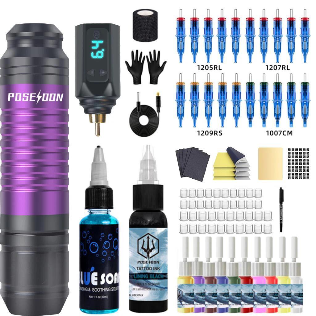 Tattoo Pen Kit POSEIDON Tattoo Pen Kit With Power Supply RCA Interface Tatto Kit Tattoo Gun Kit Tatt