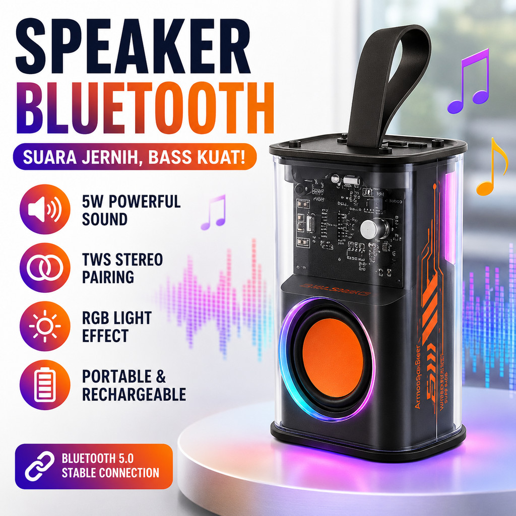 Speaker Bluetooth Portable Transparan Lampu Rgb Musik Mini Wireless Super Bass Tws Stereo Pairing Bo