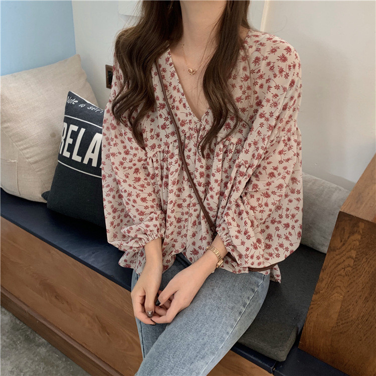 Pakaian wanita ukuran besar untuk gadis gemuk, blus sifon lengan puff V-neck bermotif bunga segar ga