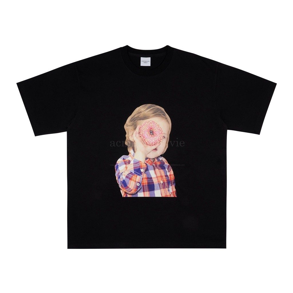 Baby Face Checked Shirt Donut Short Sleeve T-Shirt Black - Kaos Oversized Fit Unisex acme de la vie