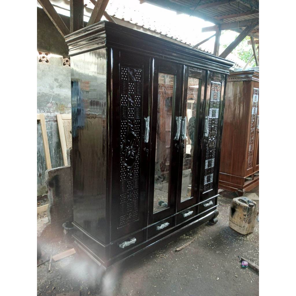 Lemari 4 pintu laci + cermin full kayu asli jati