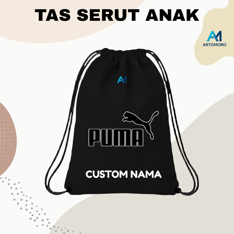 Tas Serut Anti Air | Drawstring Bag Anak Custom Nama | Design PUMA | Tas Renang Sport Olahraga Anak 