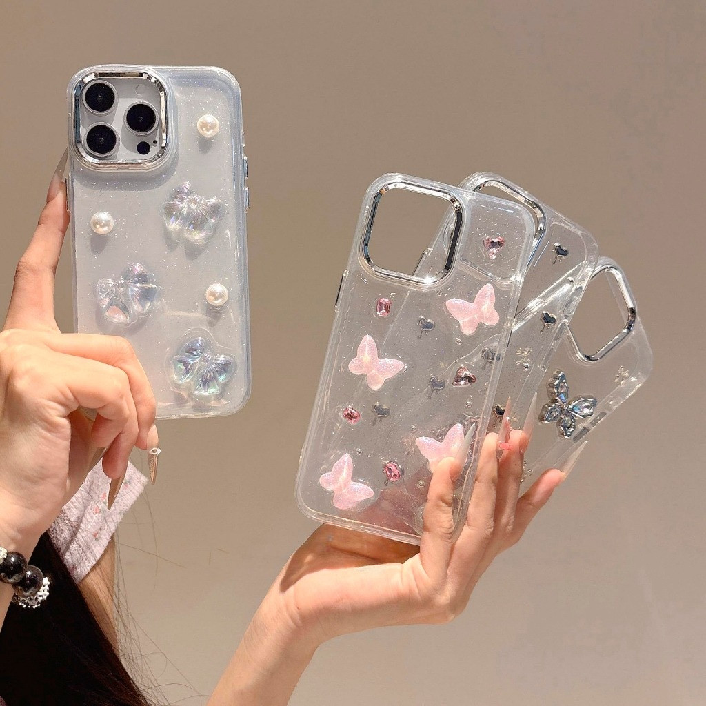 Case Iphone LUX 3D Silver 4 Motif Clear Glitter - Hardcase/Case Hp Compatible For Iphone XR 11 12 13