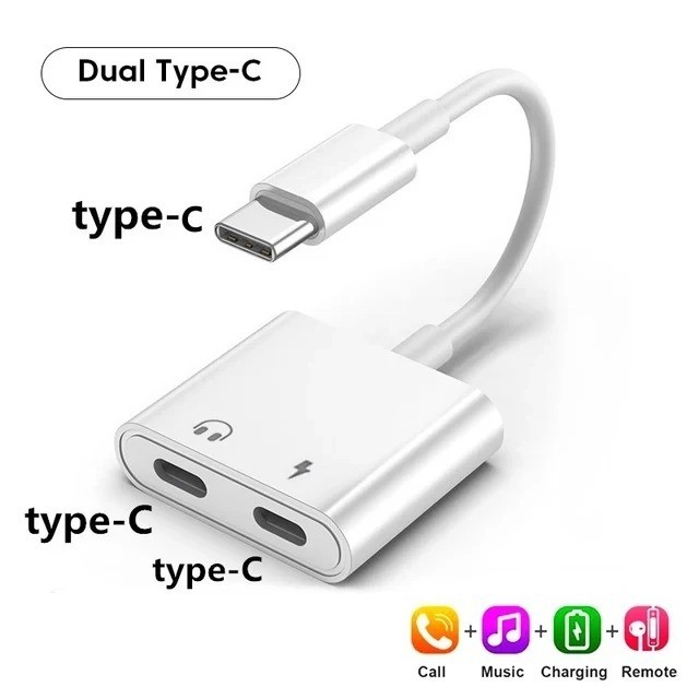 Converter USB Type C Dual Port Audio Charging Adapter Splitter Musik Cas Sambil Pakai Headset Type C