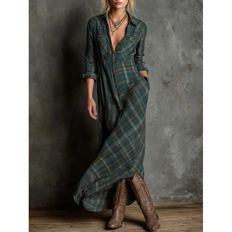 Gaun kerah kemeja kotak-kotak lengan panjang yang elegan