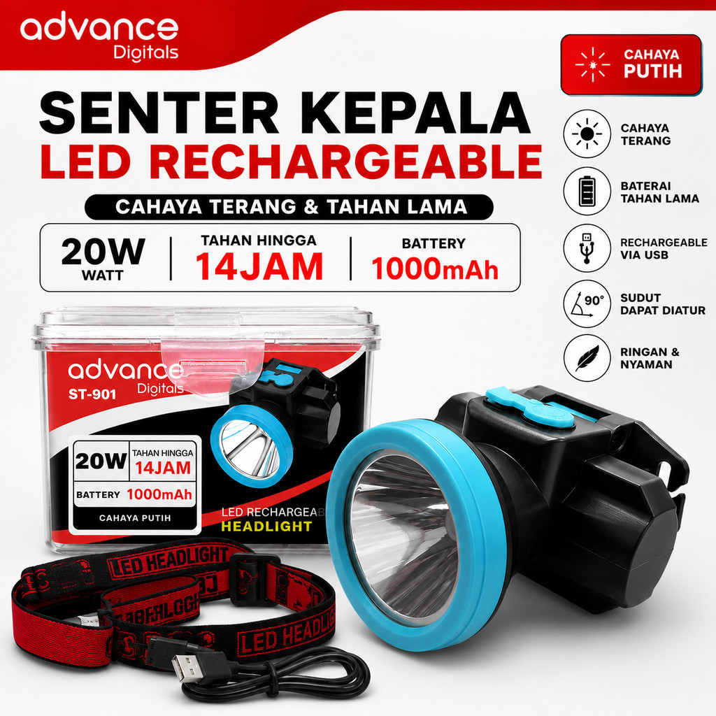 Senter Kepala Advance ST-901 Headlamp LED Cas USB 20 Watt Lampu Kepala Outdoor 1000mAh