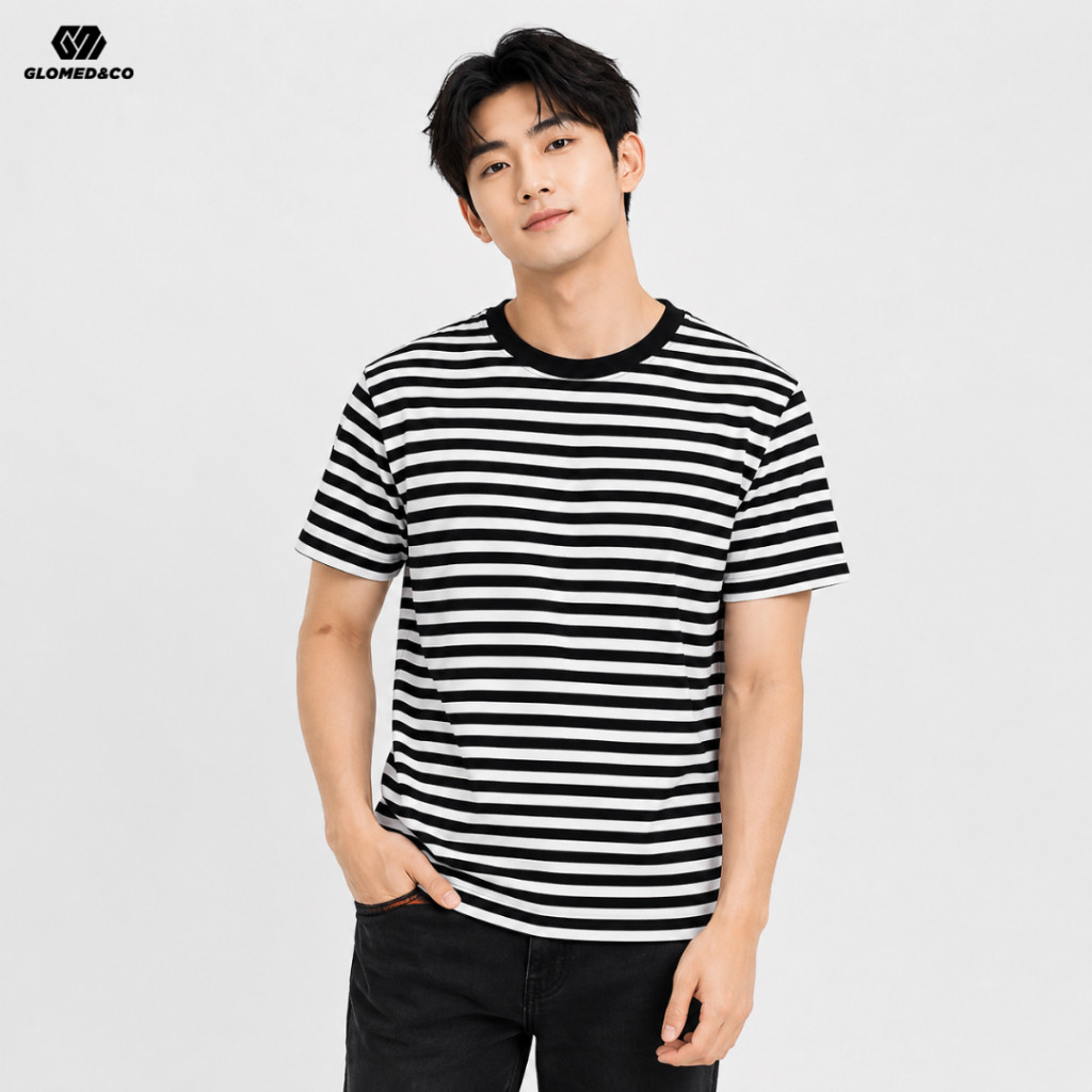 GLOMED Kaos Wanita Stripe Salur Hitam Putih Baju Atasan Katun Premium T-shirt Cewek Lengan Pendek Ca