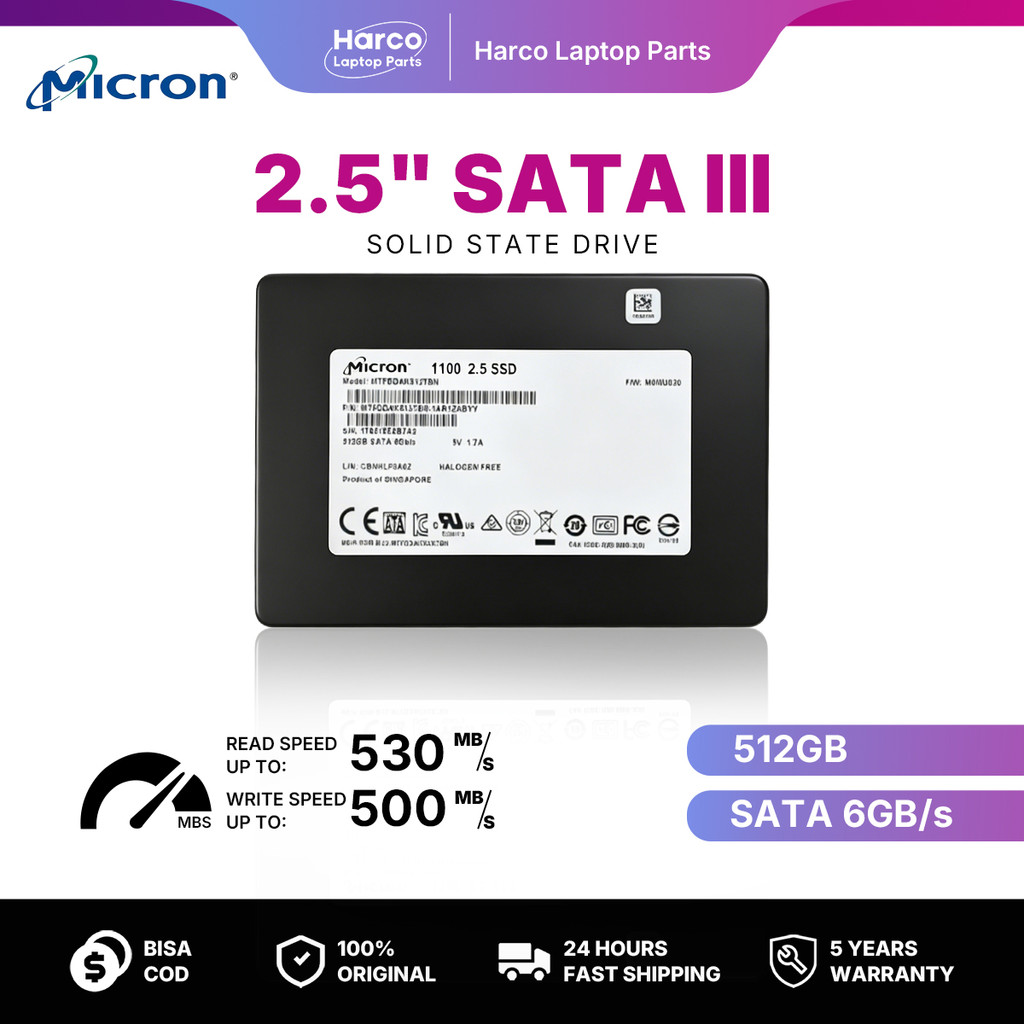 SSD Micron 1100 / 1300 M600 512GB SATA III 2.5 Inch 530MB/s Stabil Garansi 3D TLC NAND untuk Laptop 