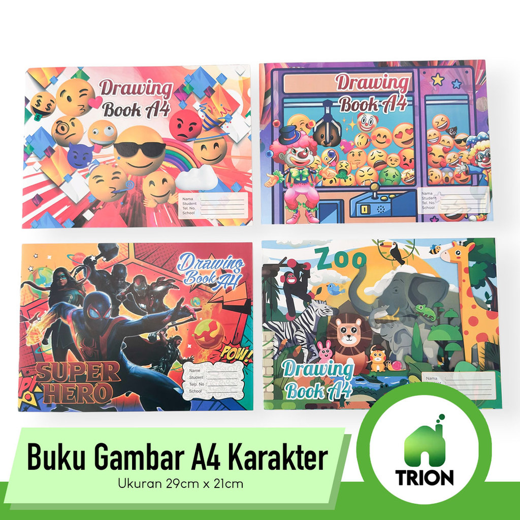 Buku Gambar A4 Karakter / Buku Gambar Anak Sekolah / Buku Gambar Besar