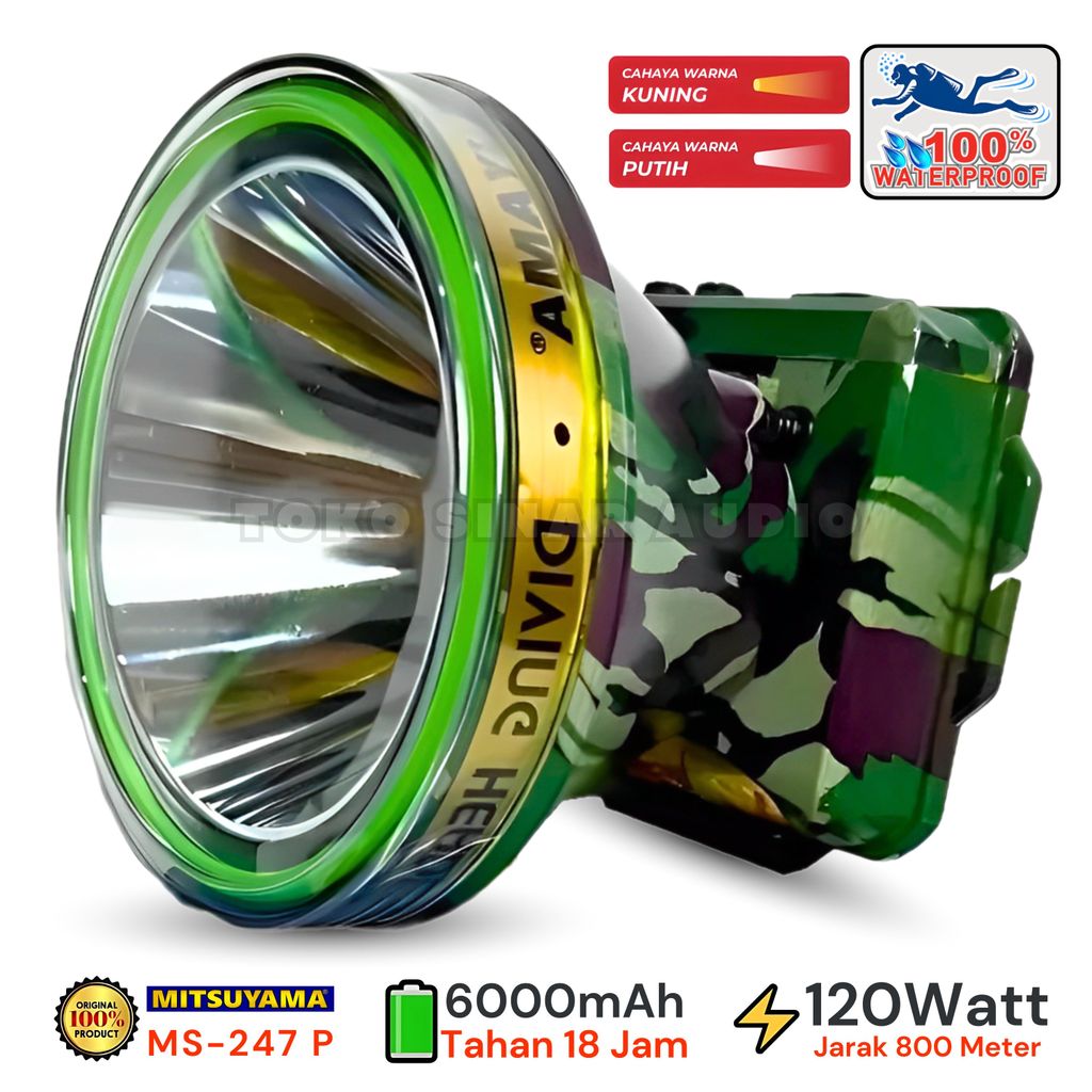 Senter Kepala Selam 120W Headlamp LED Loreng Cas Baterai Lithium 6000mAh Tahan 18 Jam Mitsuyama Sent