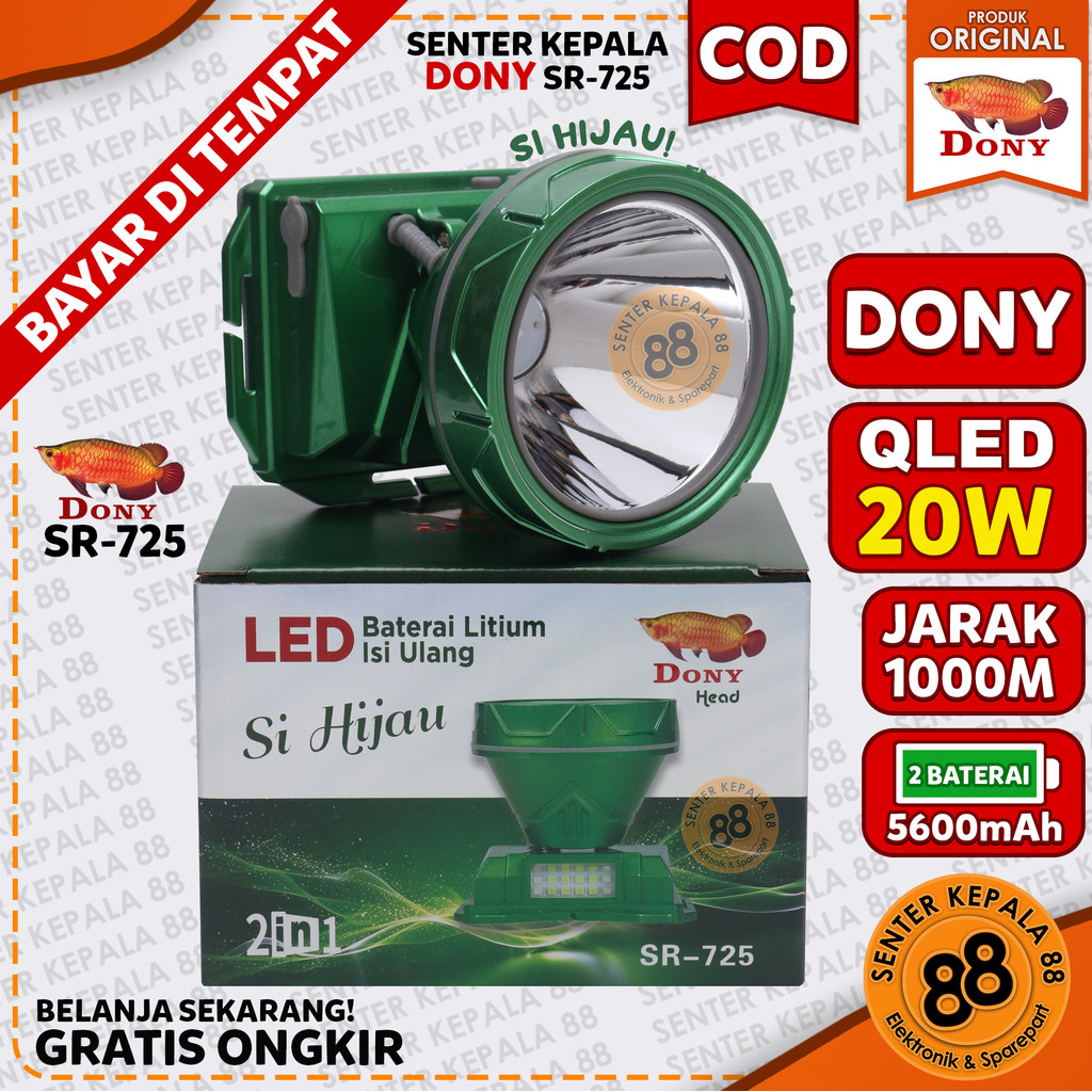 Dony Senter Kepala DONY 20W 20 Watt SR-725 SR 725 Si Hijau 2 in 1 Lampu Emergency Doni