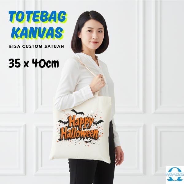 Tas Totebag Putih Kanvas 35x40 Cm Custom Printing Satuan Logo Gambar Cocok untuk Souvenir Seminar, H