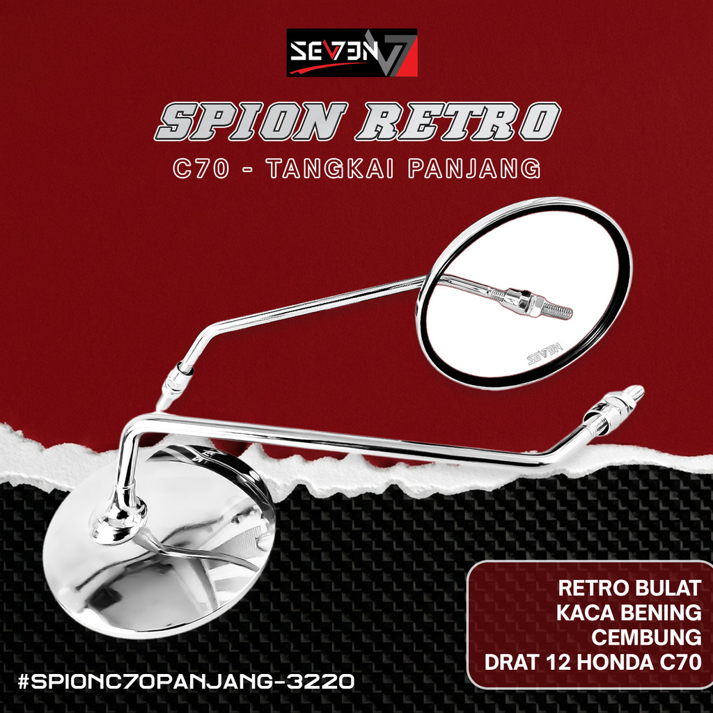 Spion Retro Bulat C70 C90 Tangkai Panjang Besi Drat 12 Kaca Cembung Universal Motor