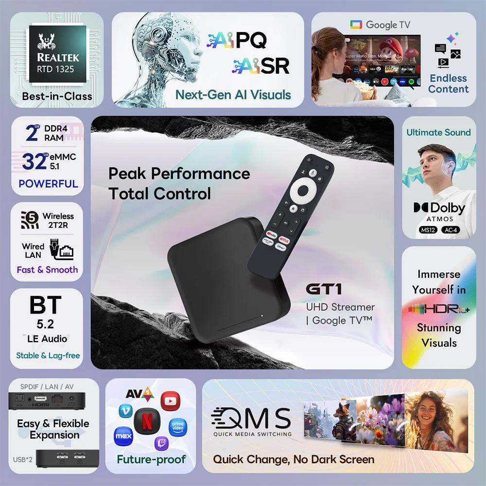 RockTek GT1 UHD TV Box Google Certified 2GB 32GB Realtek1325 A55 Edge AI Support Dolby Atmos 2T2R Wi