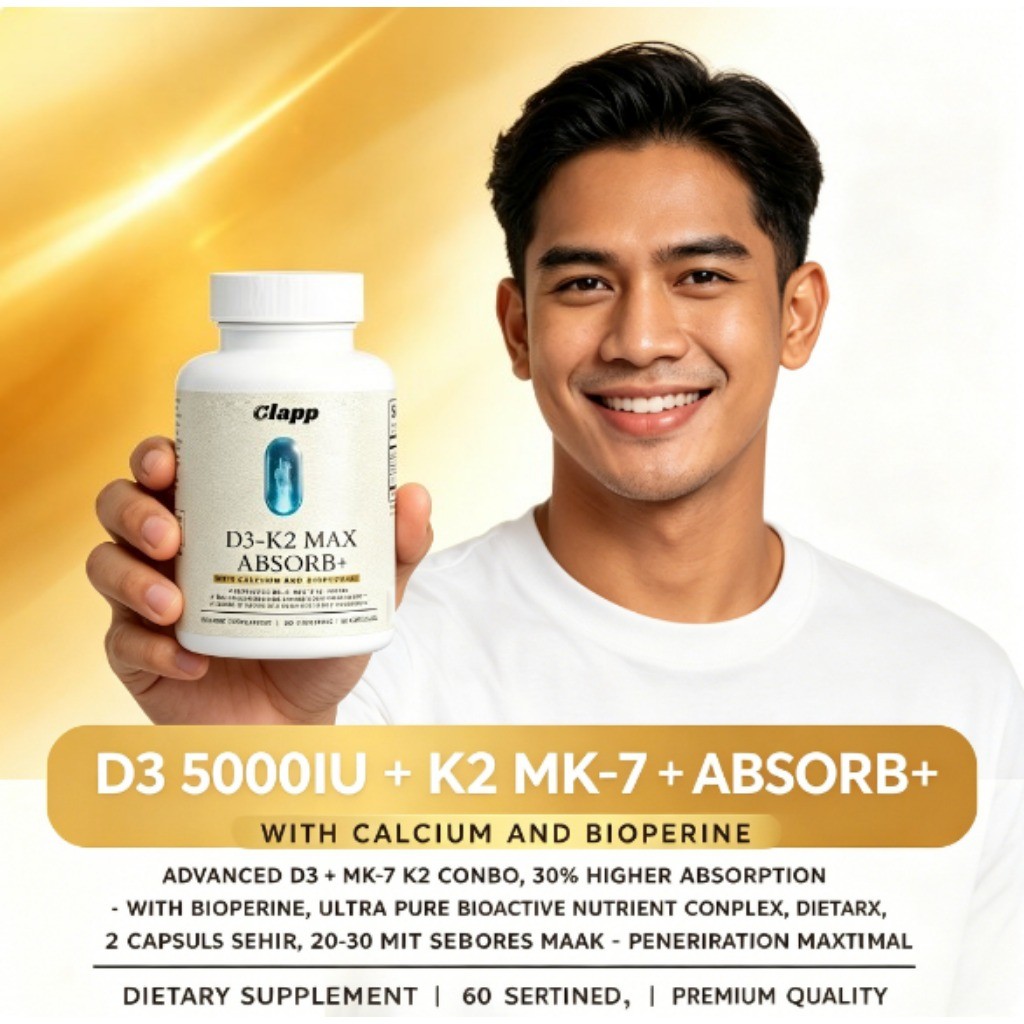 Clapp D3-K2 Max Absorb+, 5000IU D3 + K2 MK-7 + Kalsium + BioPerine, 60 Kapsul ly51419