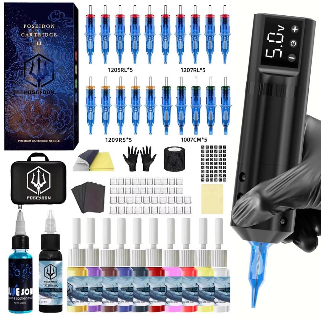 POSEIDON Tattoo Pen Kit Rotary Wireless Tattoo Machine Kit Coreless Motor High Quality Tattoo Gun Ki