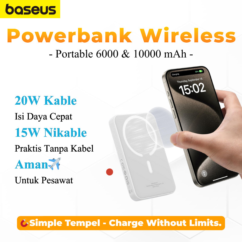 Baseus Power Bank Magnetic 20W Mini Portable 10000 & 6000 mAh Wireless Charging untuk Traveling iPho