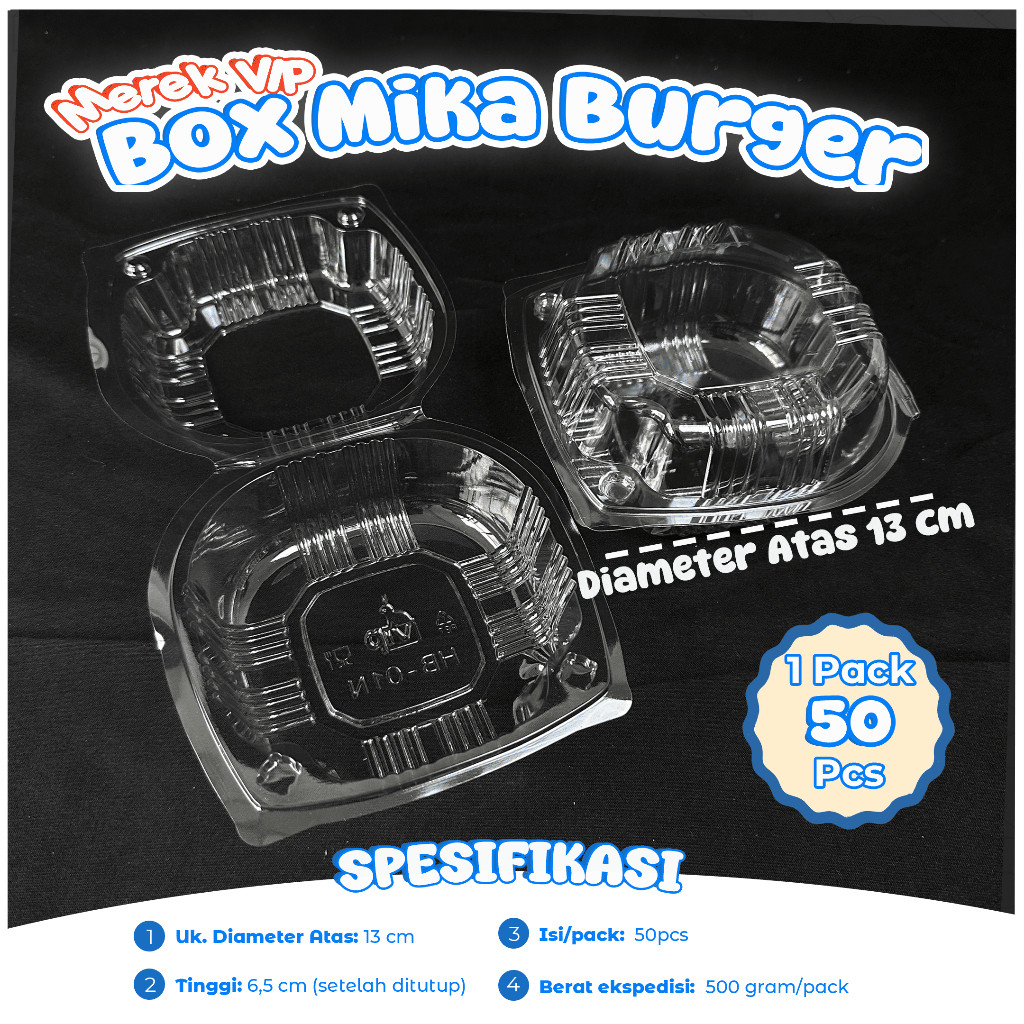 Mika Burger VIP / Tempat Burger Plastik Isi 50 Pcs / Mika Bento Bulat
