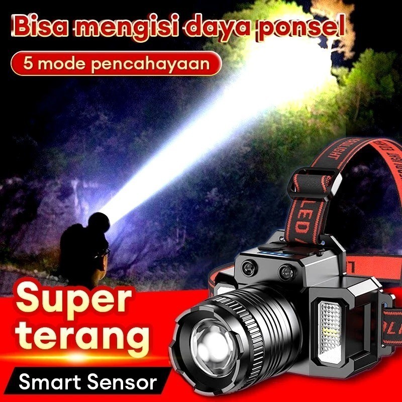 Senter Kepala 500W Headlamp LED Penerangan 800H Bisa Cas HP Senter Super Terang Lampu Depan Luar MY