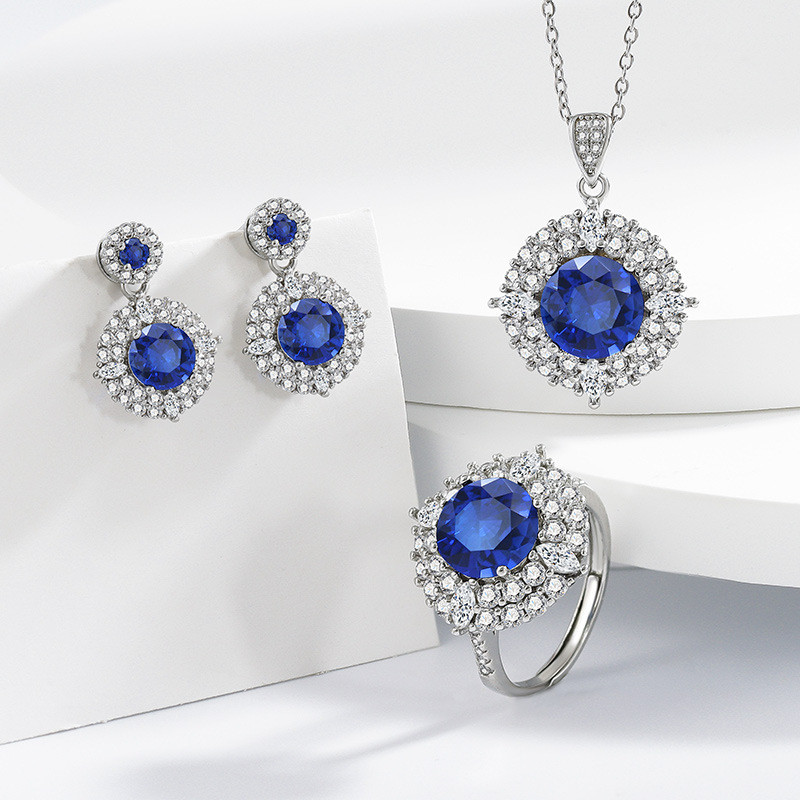 Set tiga potong gaya Eropa dan Amerika baru dengan batu permata biru safir berwarna-warni, kalung, c