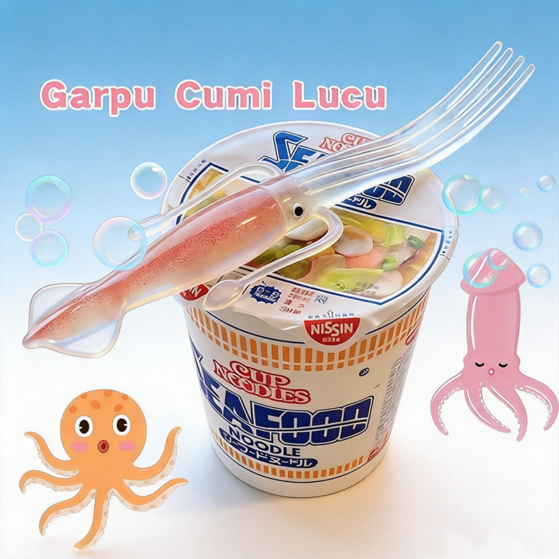 Garpu Mie Instan Lucu, Sendok Garpu Jepang, Garpu Bentuk Cumi, Peralatan Makan Unik