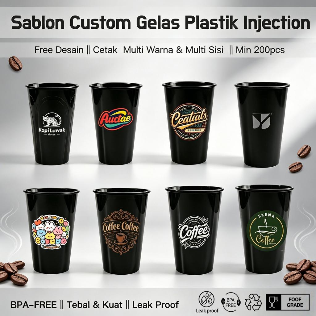 Sablon Gelas Plastik Injection Hitam Black 16oz 24oz | Custom Logo Multiwarna Multisisi | Gratis Des