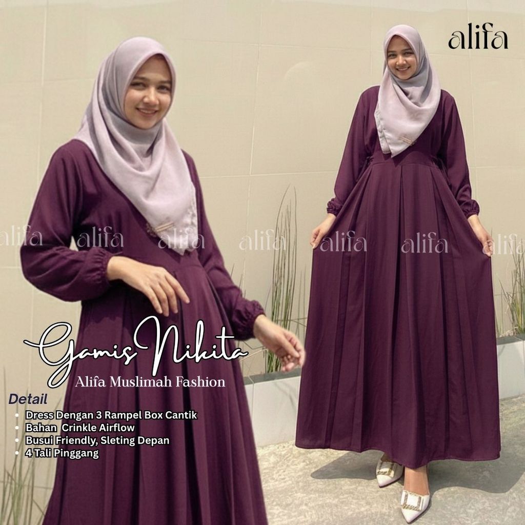 Alifa Muslimah Fashion - Gamis warna Plum/Burgundy/Dark Purple / Ungu Tua/Ungu Manggis -nikita