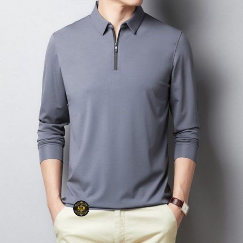 Kaos kerah resleting pria lengan panjang kaos resleting Kaos kerah resleting depan pria Baju kaos zi