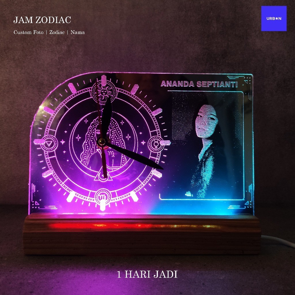 URBAN Pajangan Zodiac LED dari Akrilik dengan Jam untuk diatas meja Custom foto dan Gambar
