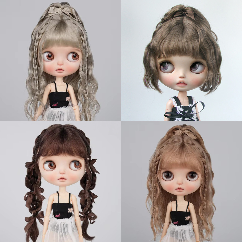 Blyth Wig Cute bow Princess wave short hair BJD Wig Soft Mohair Bangs Braid Wig half ponytail Long W