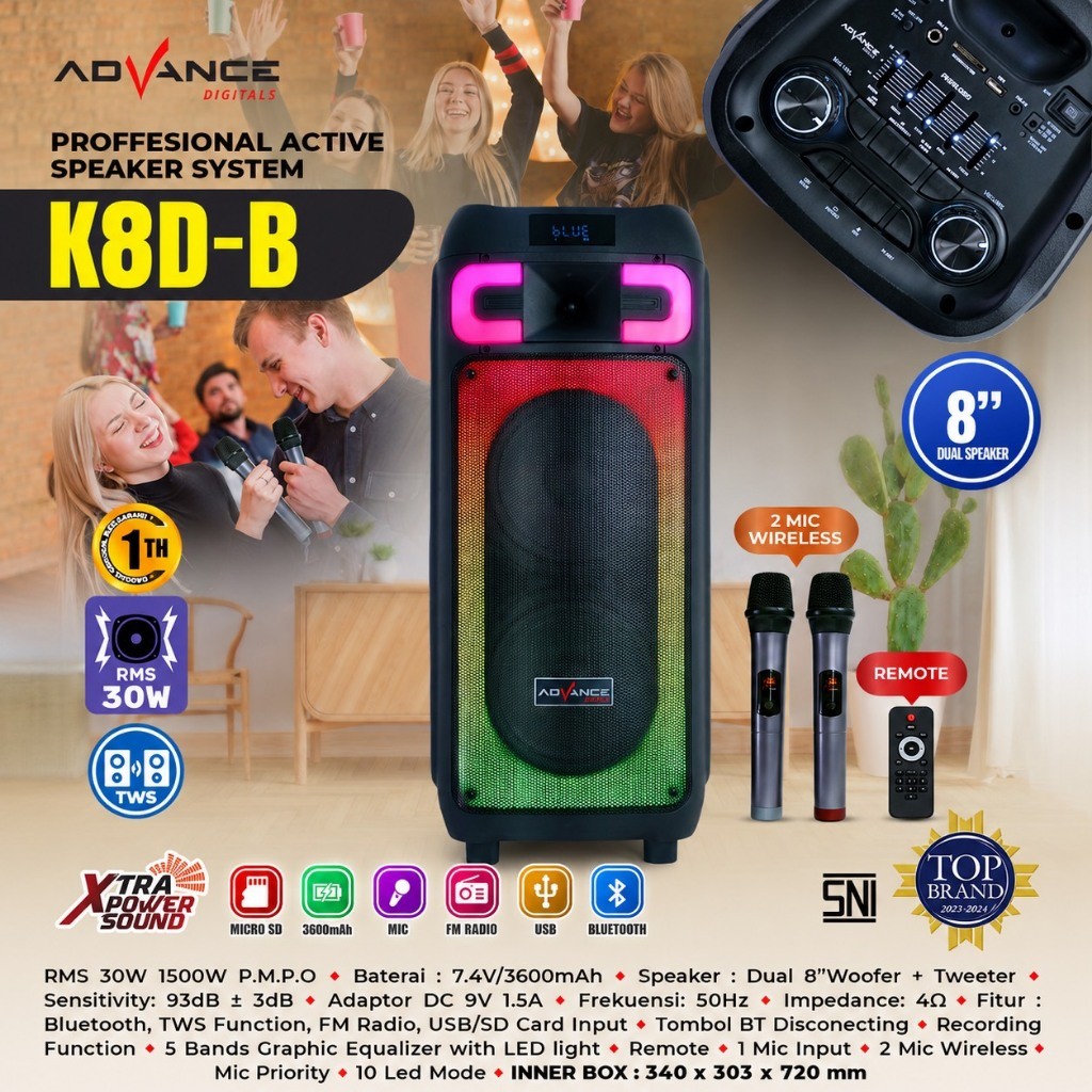 Speaker Aktif Portable Advance K8D-B 8 Inch Bluetooth Super Bass Dual Woofer Mic Wireless RGB