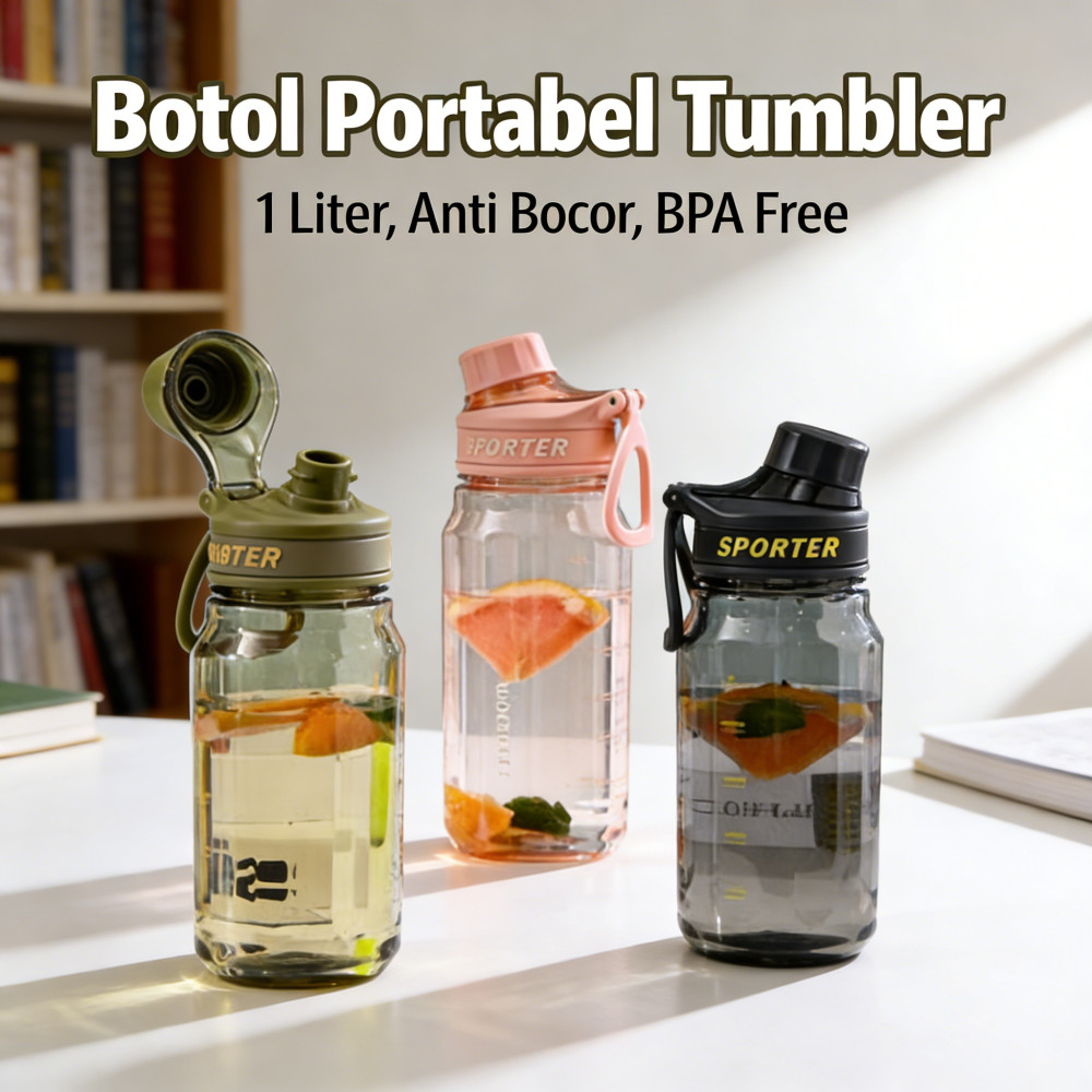 Botol Tumbler 1 Liter Minum Olahraga Pria Wanita Anti Bocor Aesthetic BPA Free Portabel
