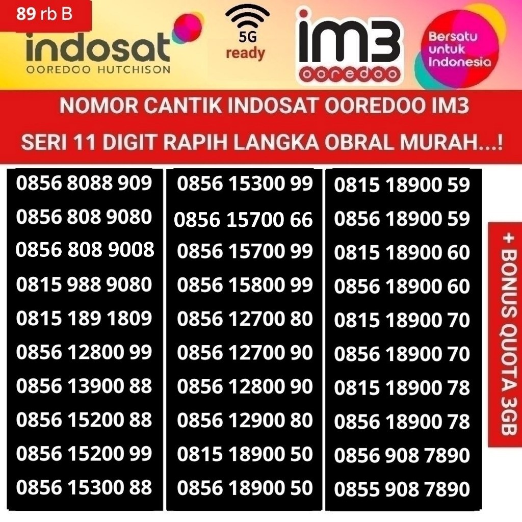nomer cantik 11 digit indosat ooredoo 4G 5G ready nomor kartu perdana im3 internet freedom 3GB