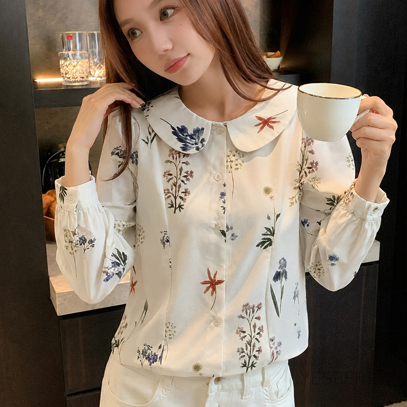 Kemeja Motif Bunga Wanita Kerah Peter Pan Lengan Panjang Model Crop Kasual Longgar Atasan Blus-YP