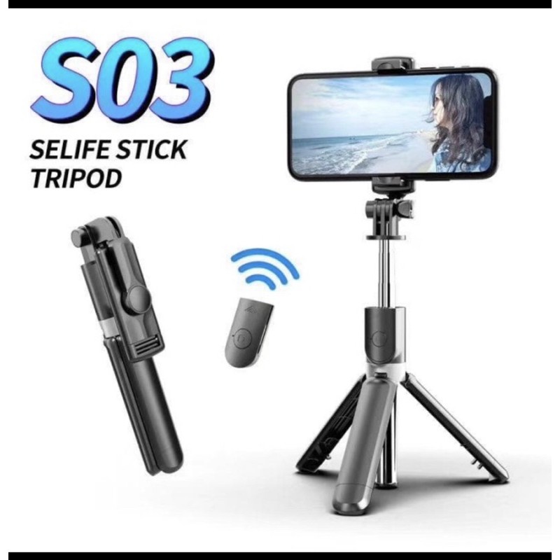 (Gajah_Duduk) Tripod Bluetooth 3 in 1 S03 Tongsis Selfi Stick Bluetooth