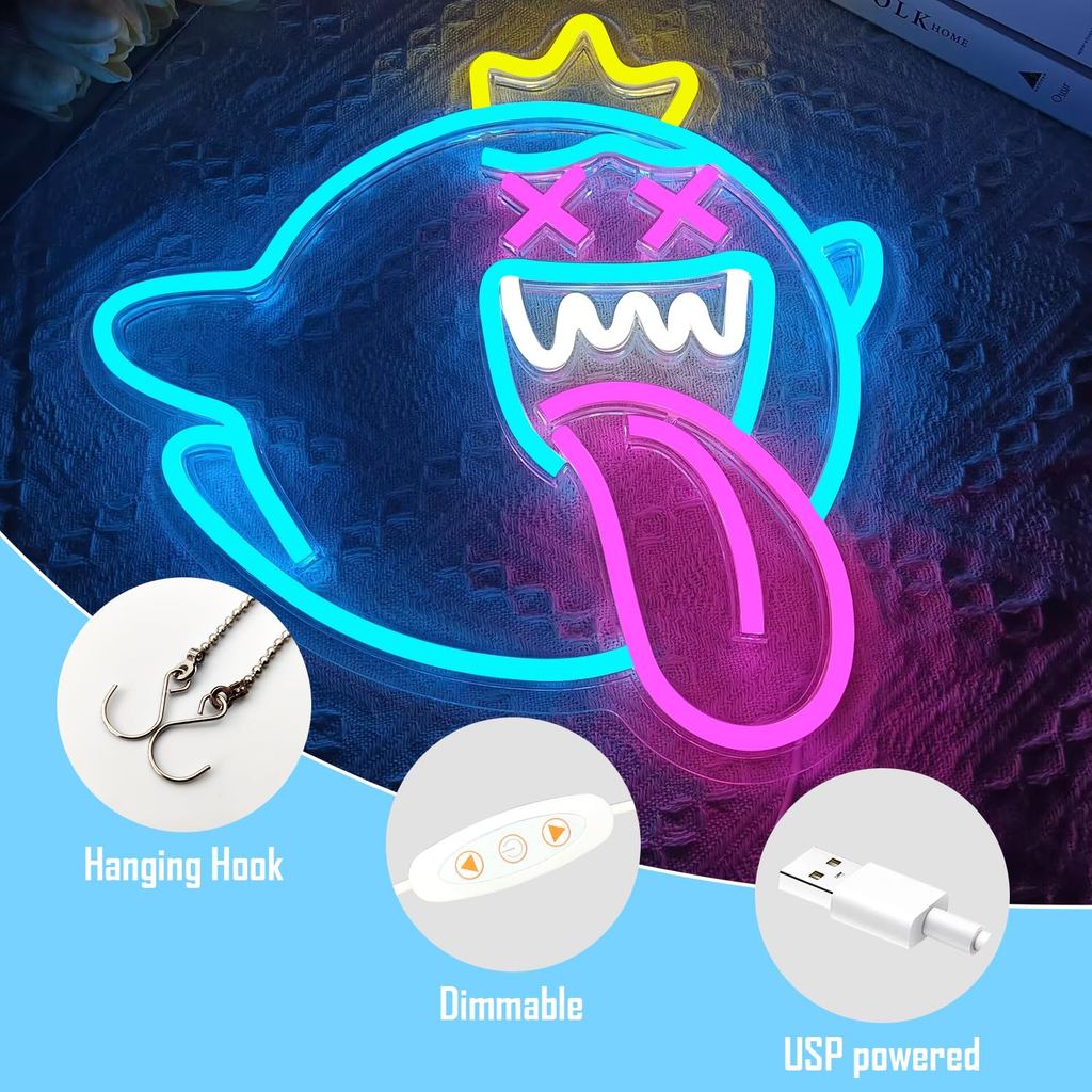 Lampu Neon King Boo Dimmable Lampu Wajah Hantu untuk Dekorasi Dinding, Kamar Tidur & Ruang Gaming