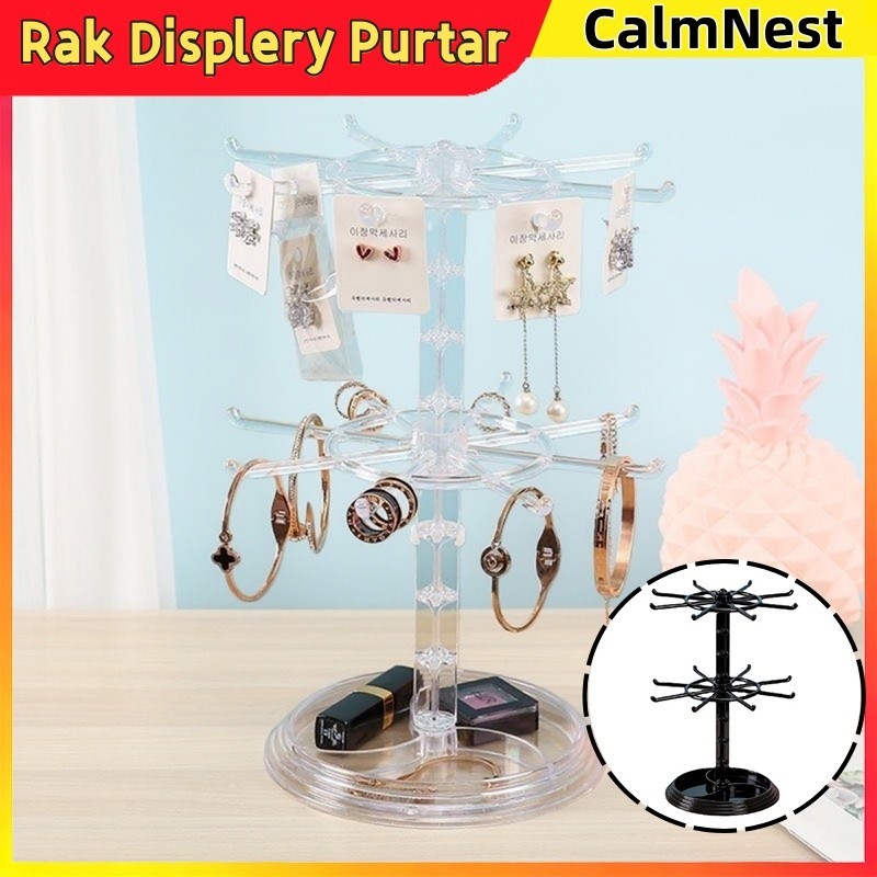Akrilik 2 Susun Rak Display Putar Matahari 360°  Rak Tempat Aksesoris Gantungan Kunci Gelang Display