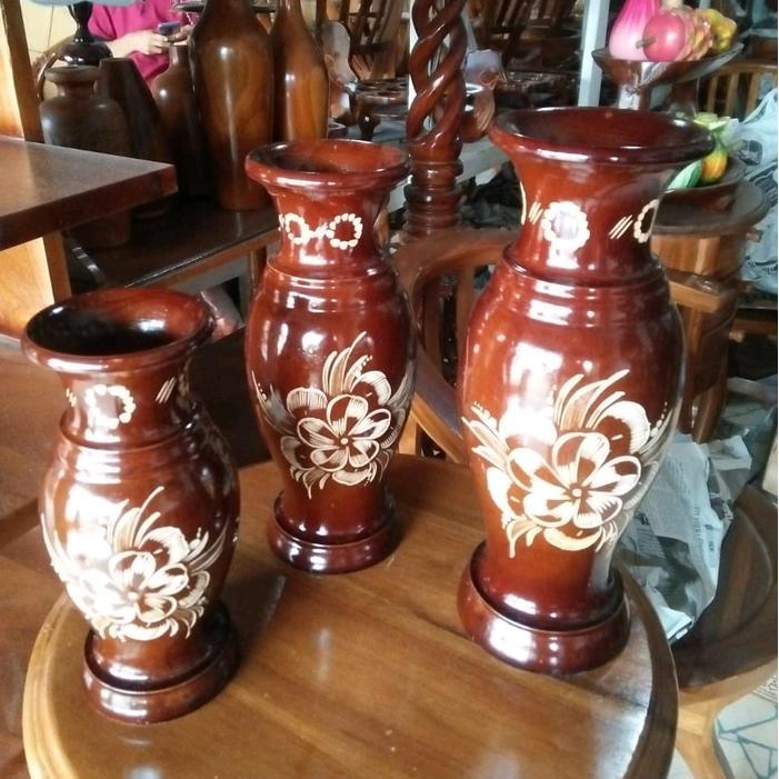 fas pot bunga guci merak 1 set 3 barang dari kayu jati - -, -