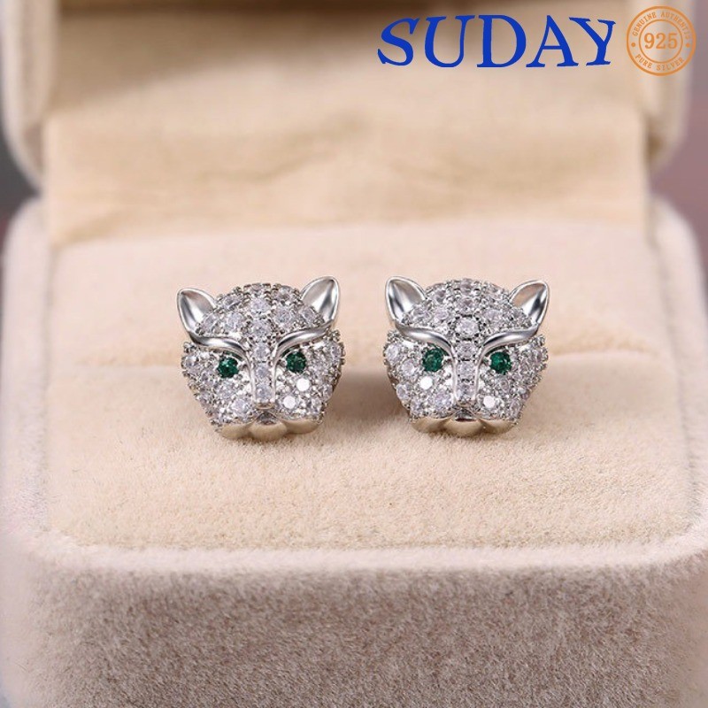 SUDAY Anting Tusuk Pria Mewah Berlian Penuh Mata Hijau Hewan Berkilauan Zirkonium