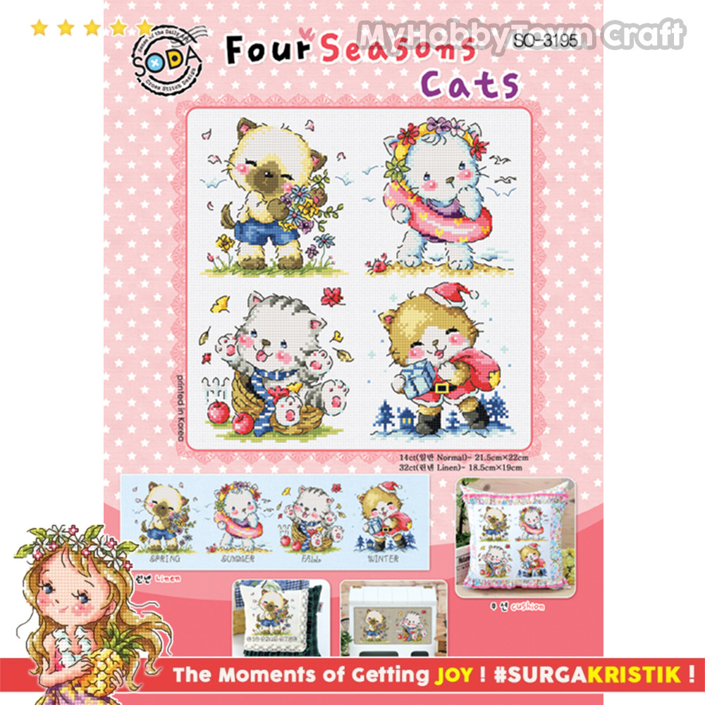 Paket DIY Craft Sulam Kristik Strimin Cross Stitch Sodastitch SO-3195 - Four Seasons Cats Kucing