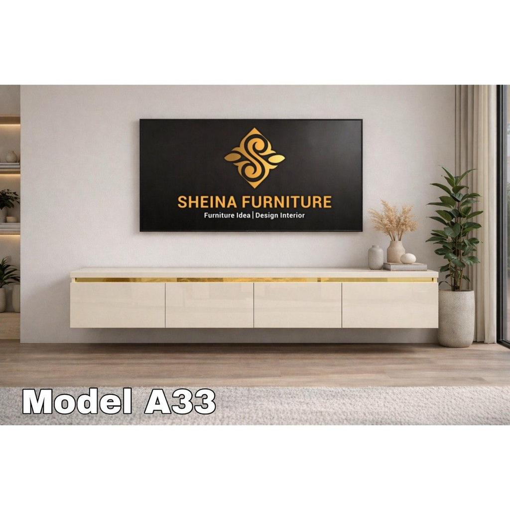 ( A33 - T 25 ) Meja Tv / Gantung Minimalis Premium Full Hpl Glossy List Gold, Rill Double Track ( Pr