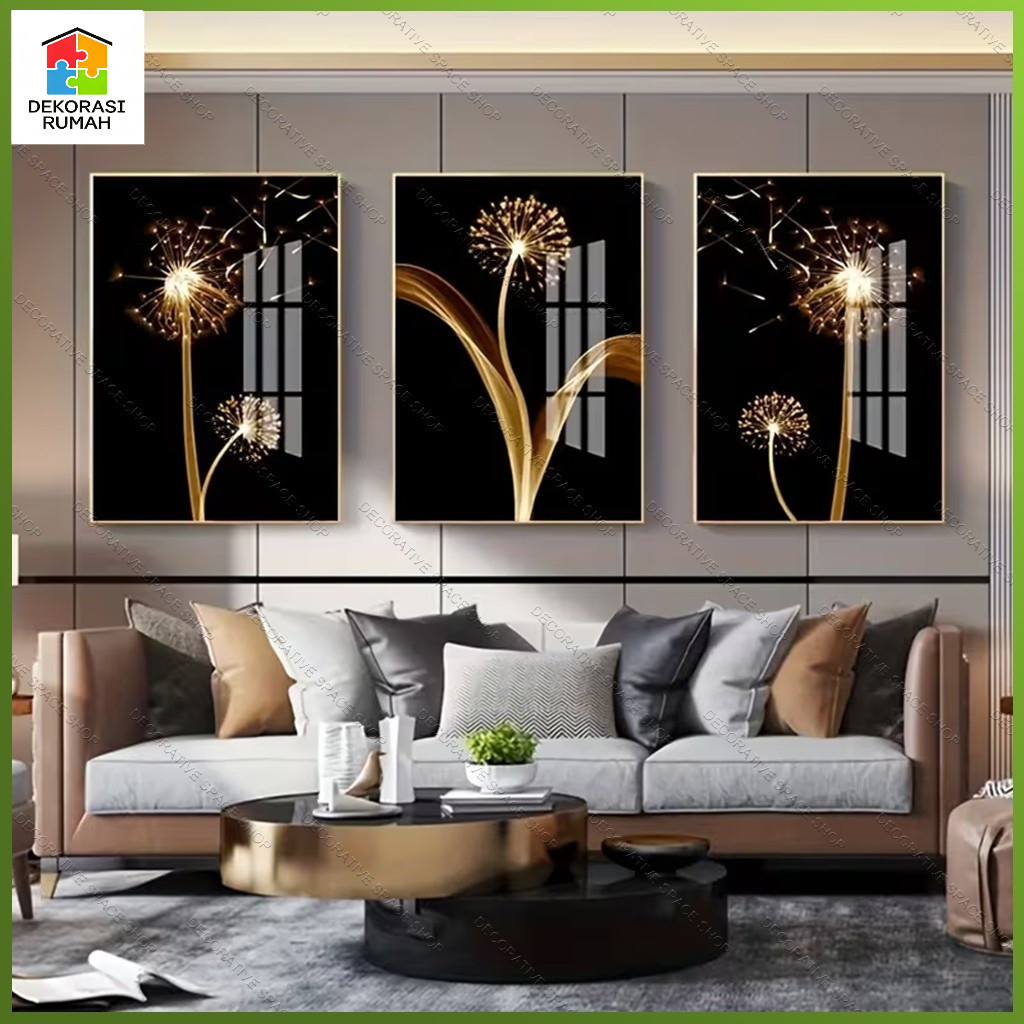 3 Panel Hiasan Dinding Kristal Keramik  Bunga Abstrak Mewah  Dekorasi Ruang Tamu Sofa