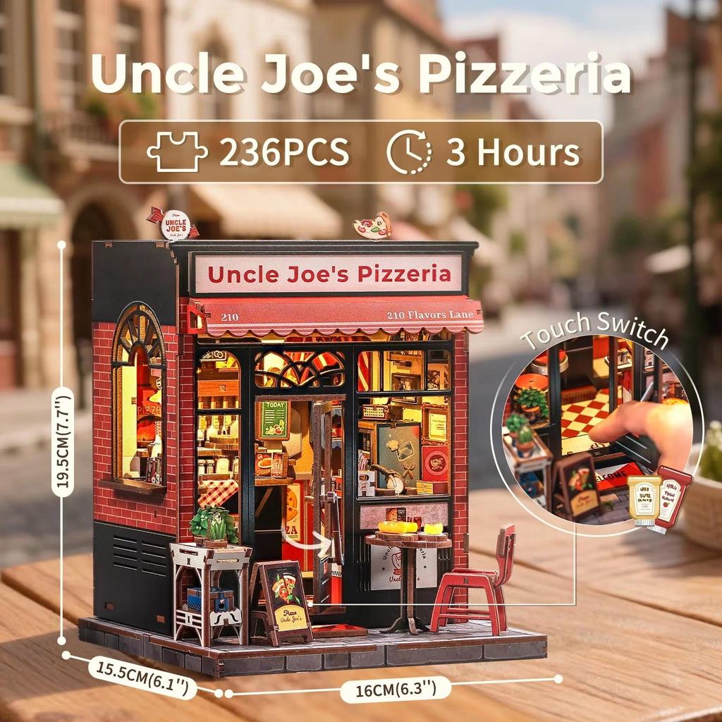 CUTEBEE Book Nook Kit Y Doll House with LED Light Bookshelf ert Uncle Joe's Pizzeria Miniature Model