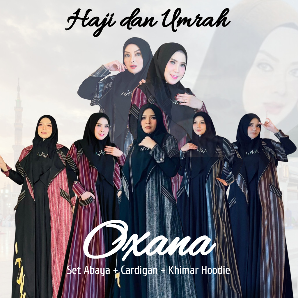 Abaya Gamis Haji dan Umroh Hitam Polos Wanita Berkelas | Set Cardigan Motif Salur Plus Hoodie-Oxana