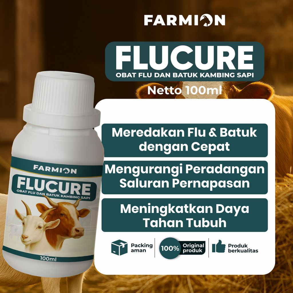 FARMION - FluCure Premium - Obat Batuk Kambing - Obat Batuk Ternak - Obat Pneumonia Kambing 100ML