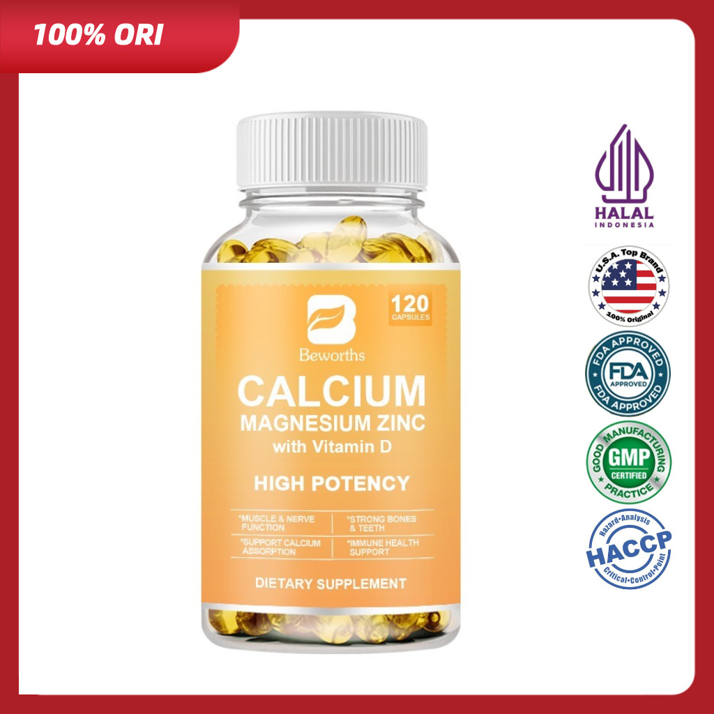 BEWORTHS 3-in-1 USA Kalsium Magnesium Zinc + D3 | Suplemen Mineral Tulang & Gigi Kuat